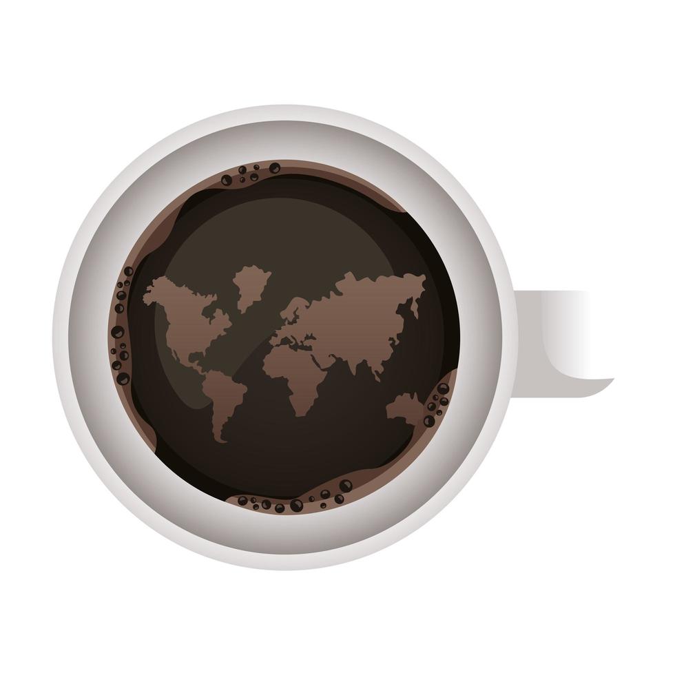 tasse de café avec icône de vue aérienne de carte du monde vecteur