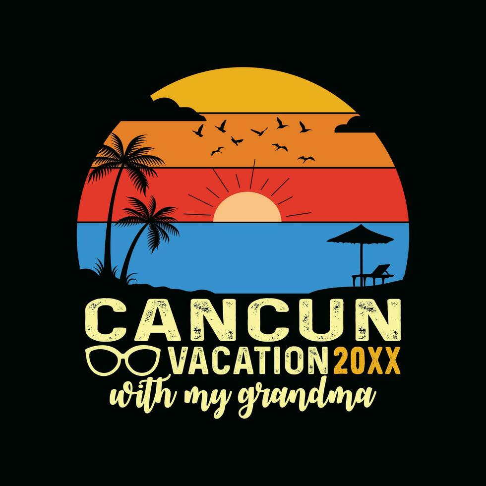 Cancun plage rétro T-shirt, Mexique plage ancien rétro le coucher du soleil T-shirt conception, famille plage vacances, vacances été vacances chemise, Années 1970 coloré rétro chemise, heure d'été souvenirs ensemble chemise vecteur