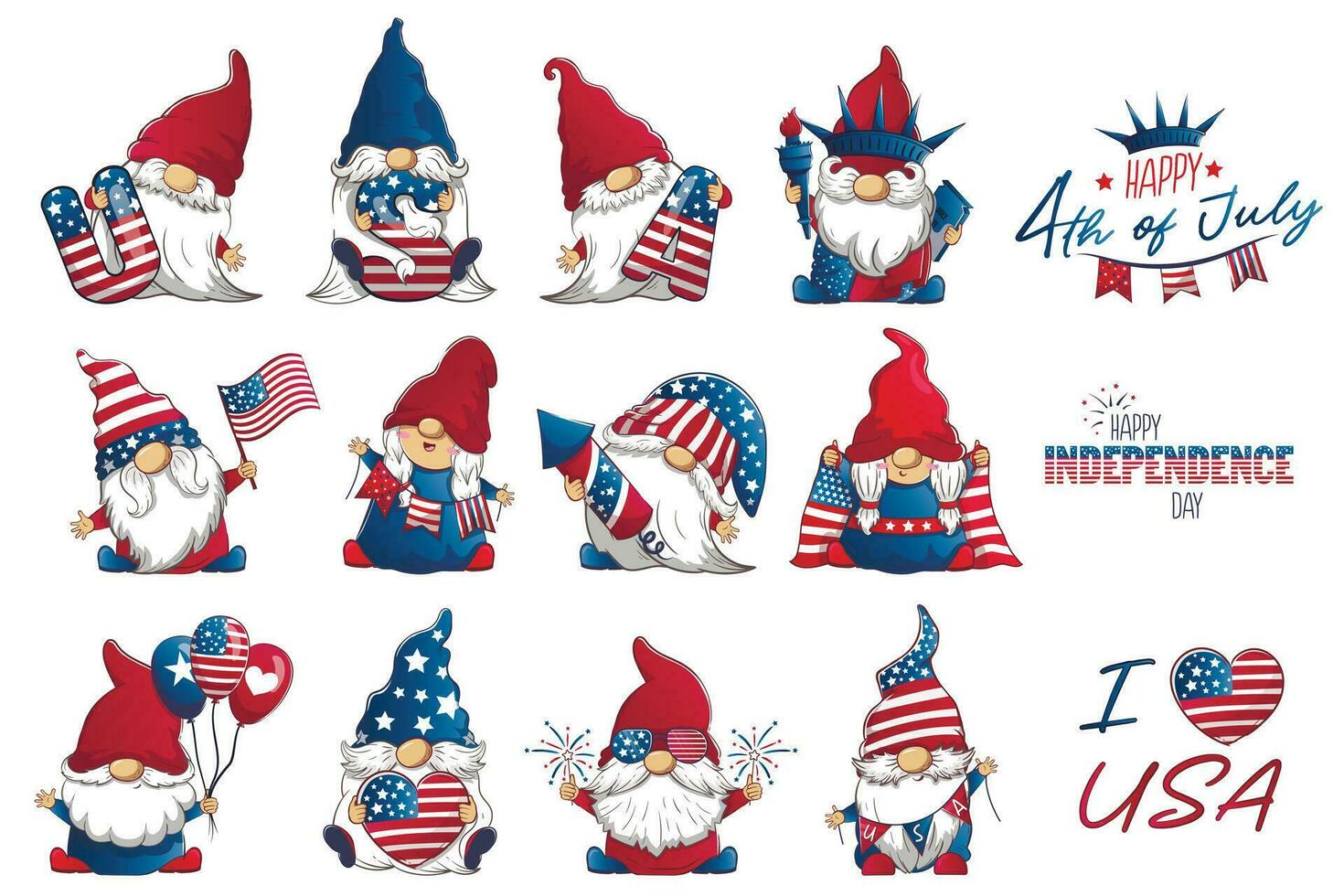 paquet avec mignonne patriotique lutins 4e juillet indépendance journée. vecteur dessin animé illustration de de fête gnomes avec américain symboles.