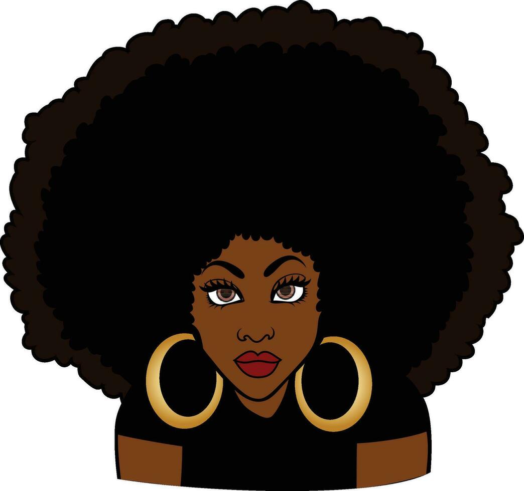 noir Dame avec afro cheveux et d'or des boucles d'oreilles foncé écorché femme vecteur image