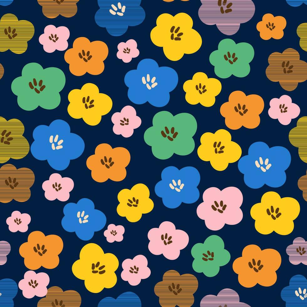 scandinave floral modèle. vecteur Facile dessin fleurs sur foncé bleu Contexte. brillant Marguerite été les plantes imprimer. mignonne floral sans couture fond d'écran, tissu, paquet papier, envelopper, textile conception.