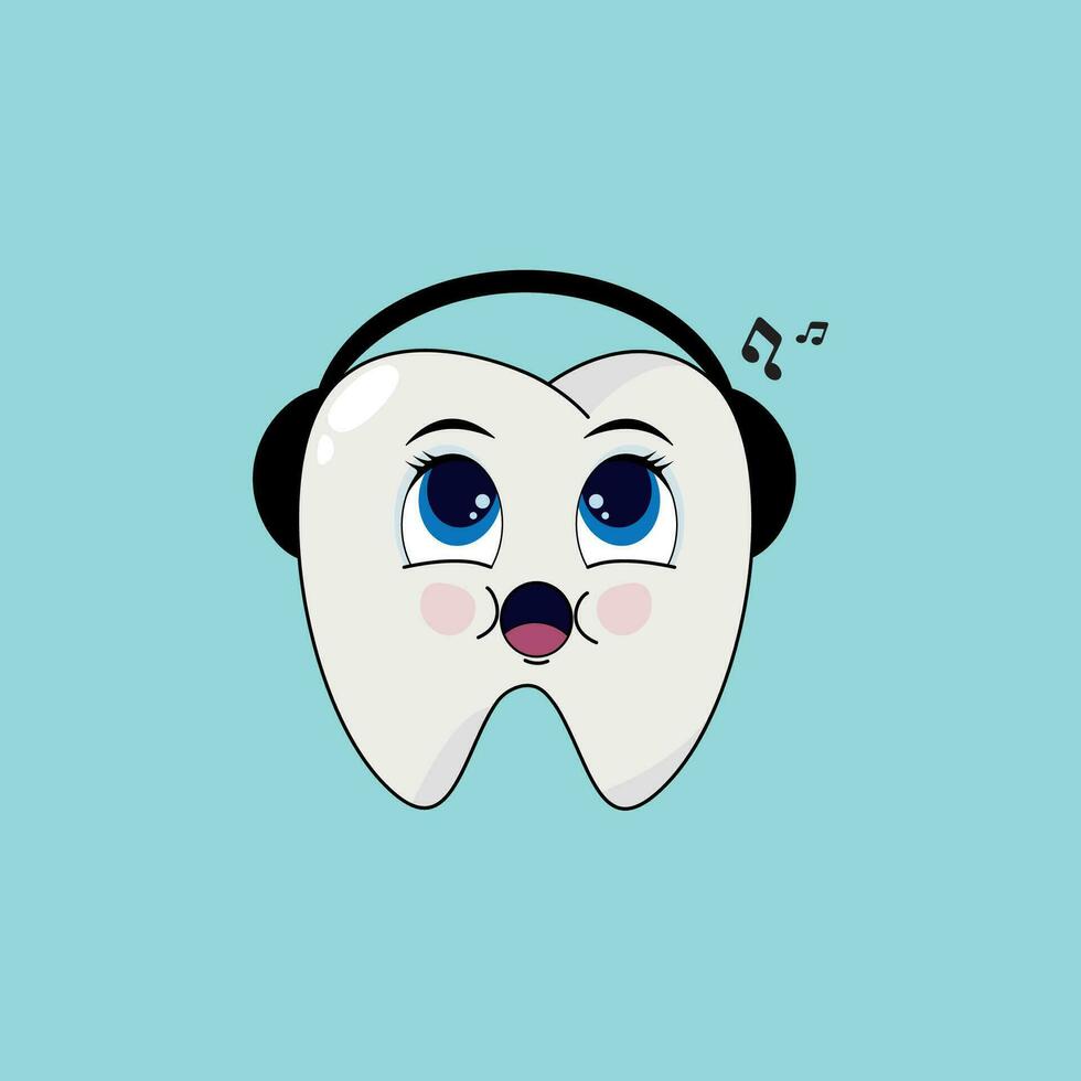 mignonne dent dans écouteurs écoute à musique. vecteur illustration. dessin animé.