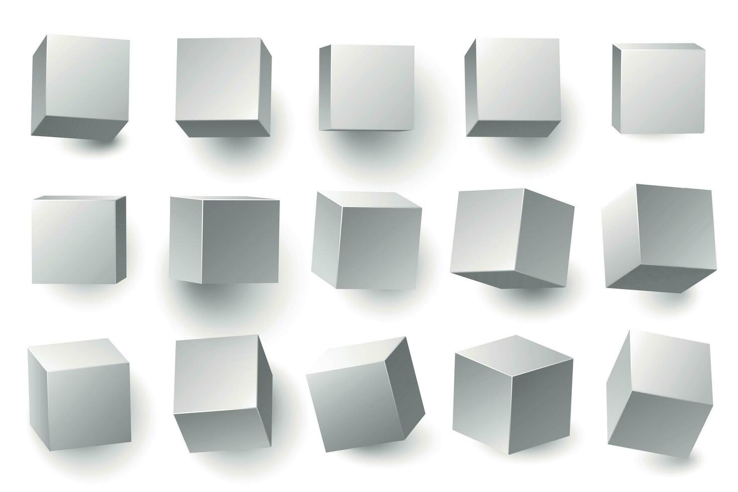 réaliste 3d blanc cubes. minimal cube forme avec différent perspective, géométrique boîte formes vecteur illustration ensemble