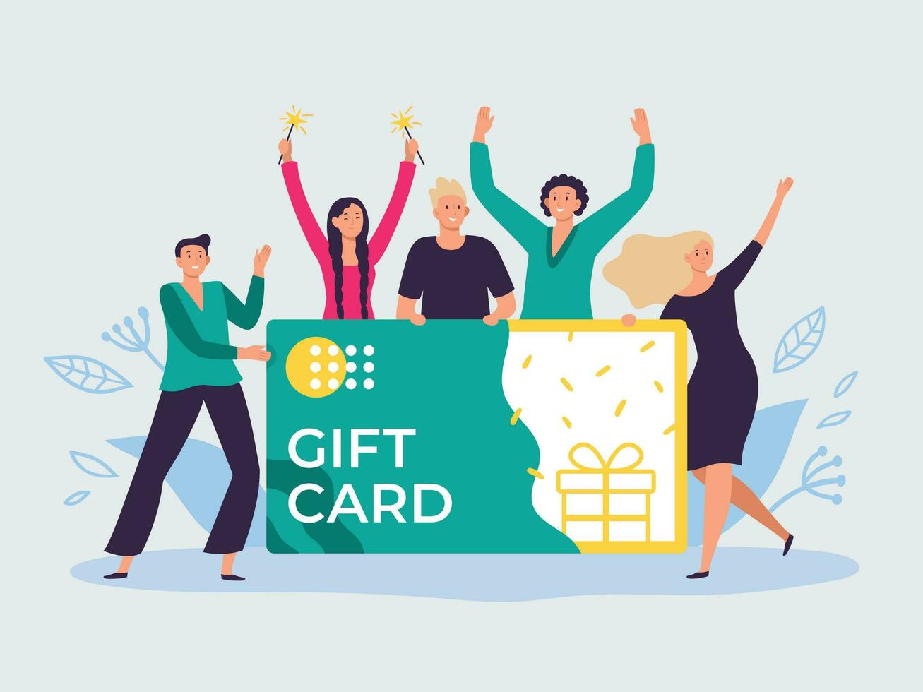 cadeau carte bon. cadeau certificat, remise cartes pour les clients et content gens tenir cadeau coupon plat vecteur illustration