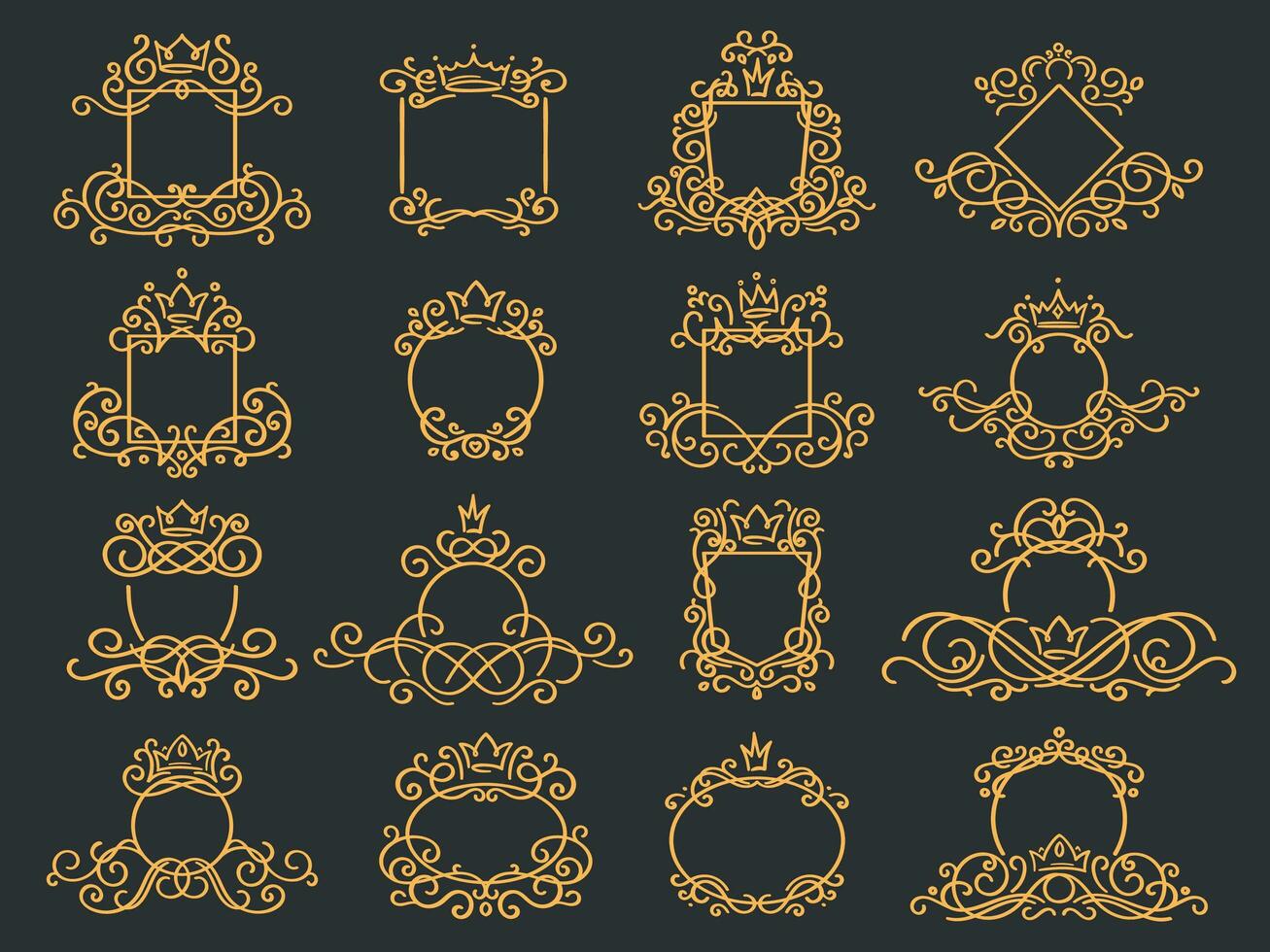 Royal monogramme Cadre. main tiré couronne emblème, ancien griffonnage esquisser signe et élégant monogrammes isolé vecteur ensemble