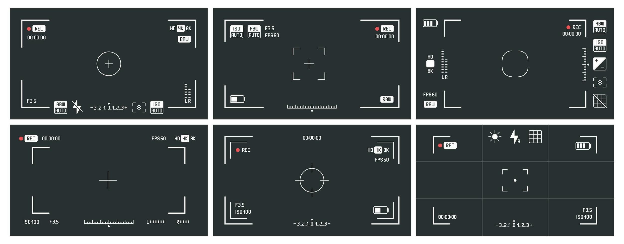 vidéo caméra viseurs. enregistrement vue cadre, cinéma rec visualisation écran et dslr came viseur vecteur ensemble