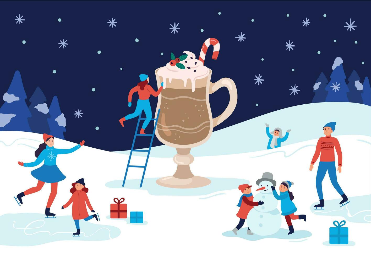 hiver chauffage cacao tasse. content gens hiver activités, célébrer Noël et boisson chaud les boissons vecteur illustration