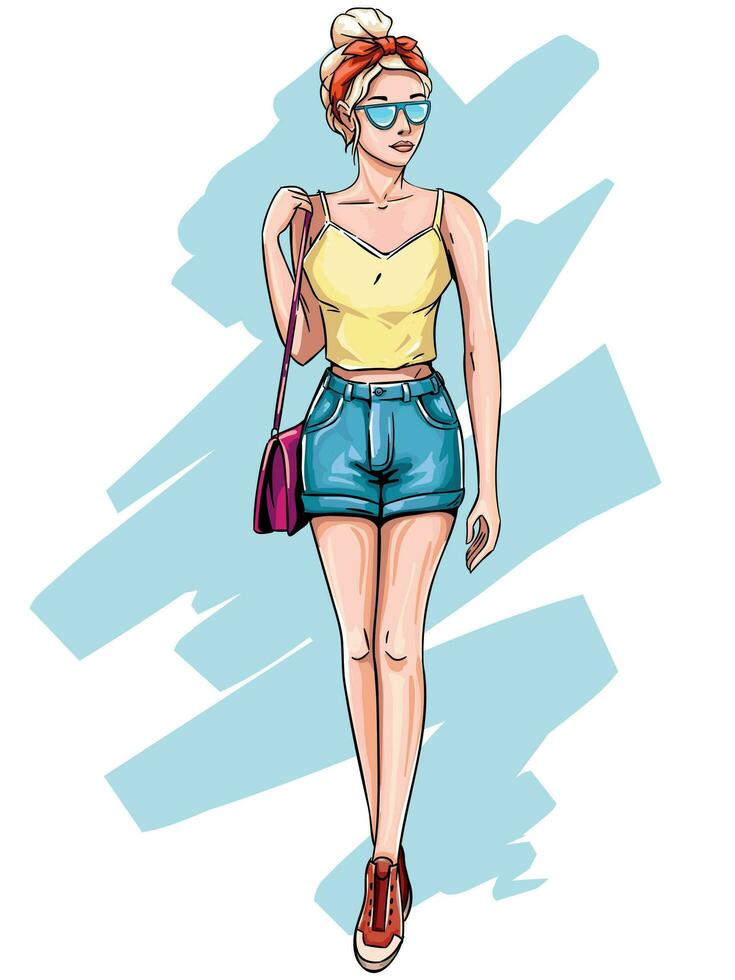 blond fille dans à la mode vêtements. main tiré Jeune femme avec blond cheveux dans des lunettes de soleil, mode été short esquisser vecteur illustration