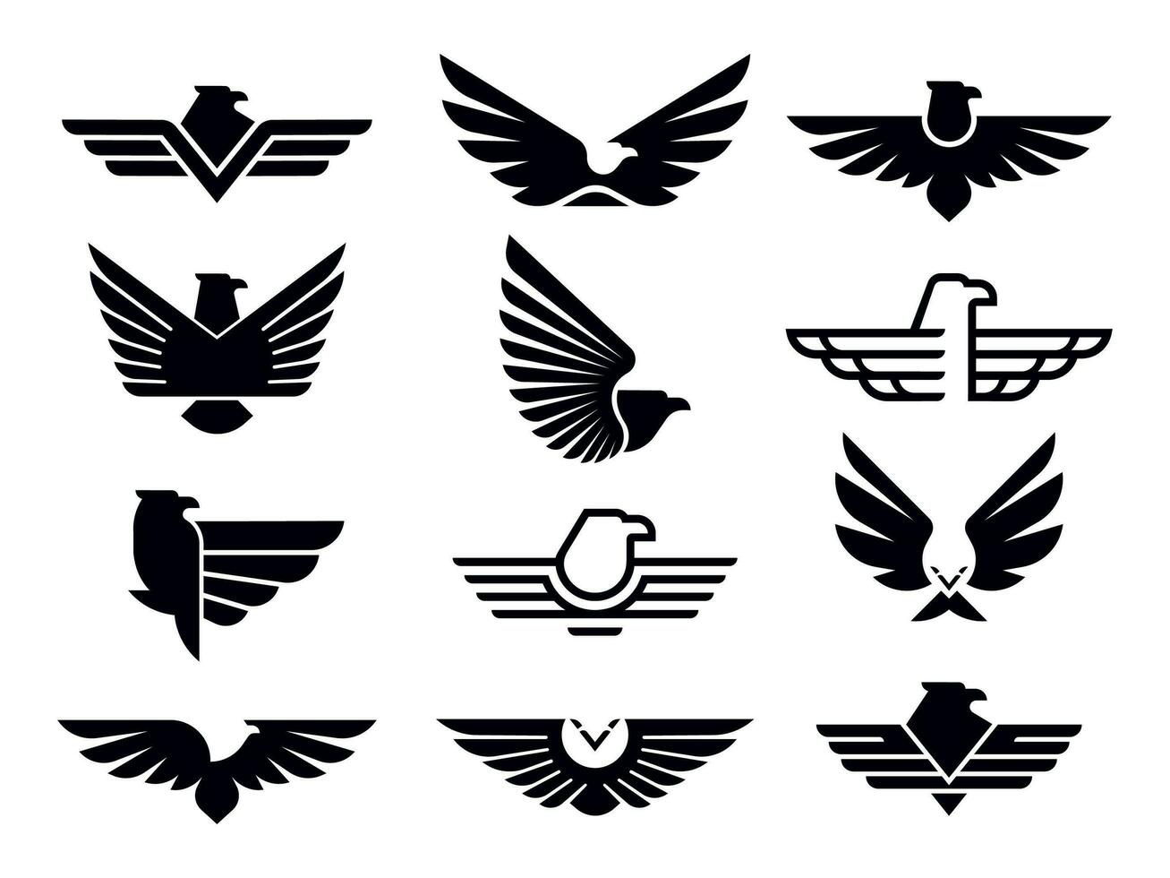 Aigle symbole. silhouette en volant aigles emblème, ailé badge et liberté faucon ailes pochoir vecteur Icônes paquet