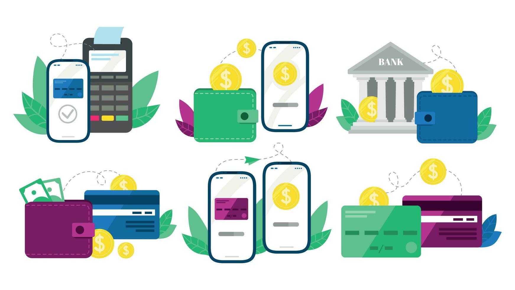 argent transactions. en espèces transferts, mobile Paiements en utilisant téléphone intelligent et crédit carte transfert vecteur illustration ensemble