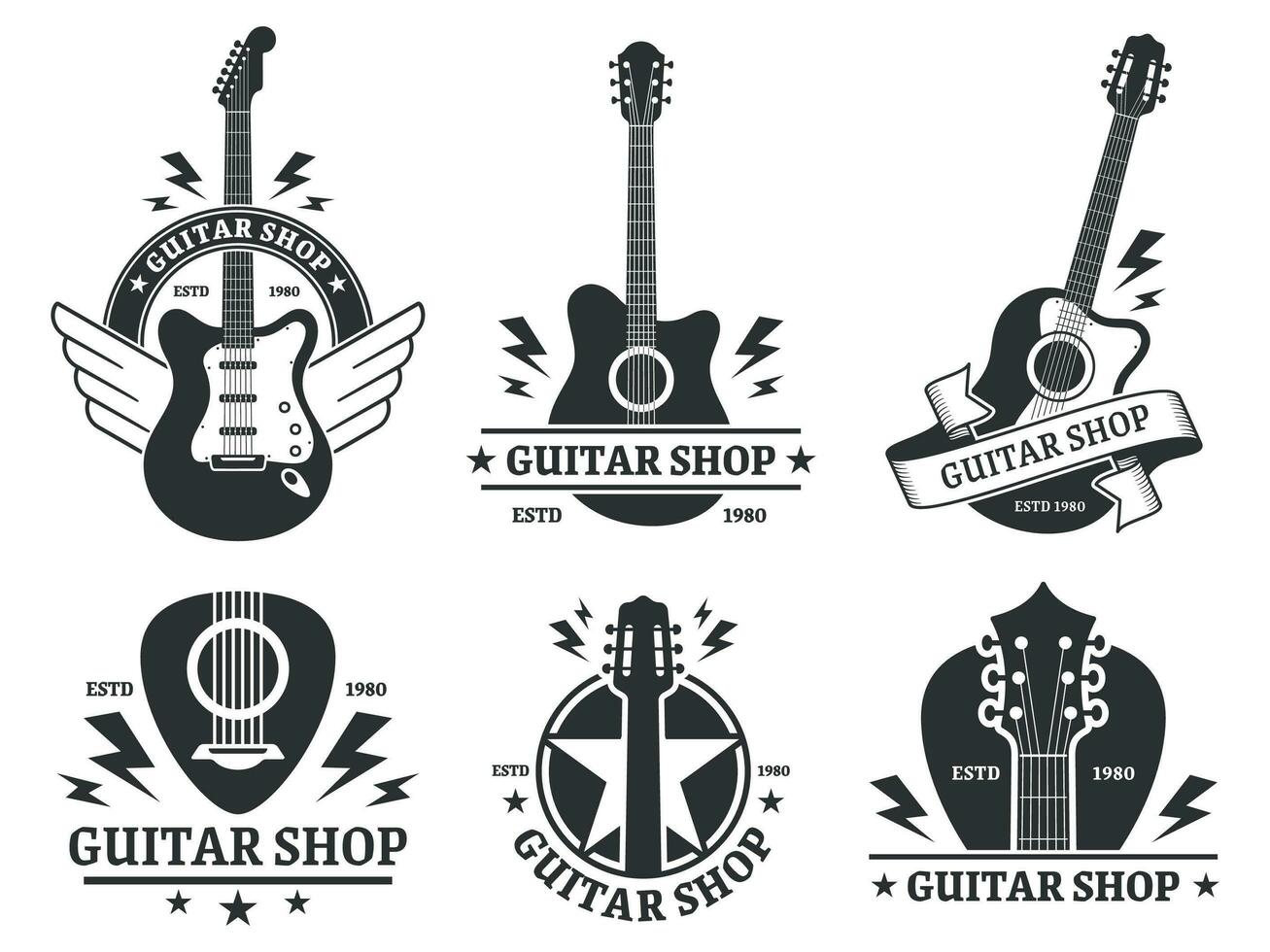 guitare magasin insignes. Douane guitares magasin emblème, guitare poupée et la musique instruments boutique badge vecteur illustration ensemble. musical entreprise monochrome étiquette dessins paquet. les musiciens équipement vente