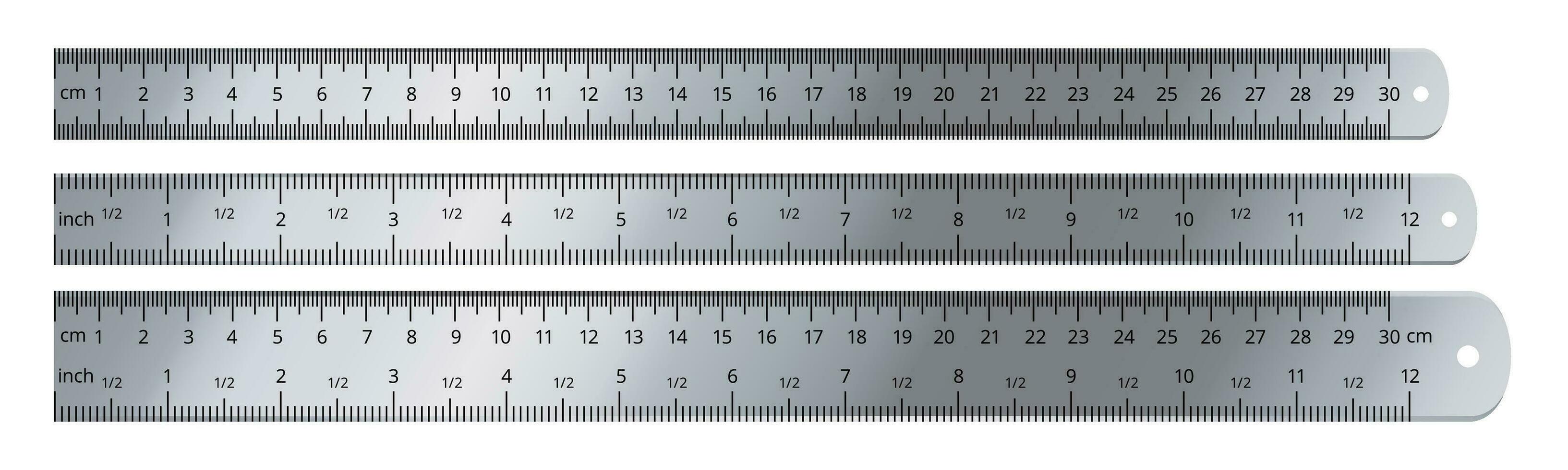 réaliste métal règle. mesure outil, 12 pouces et 30 centimètres dirigeants isolé vecteur ensemble