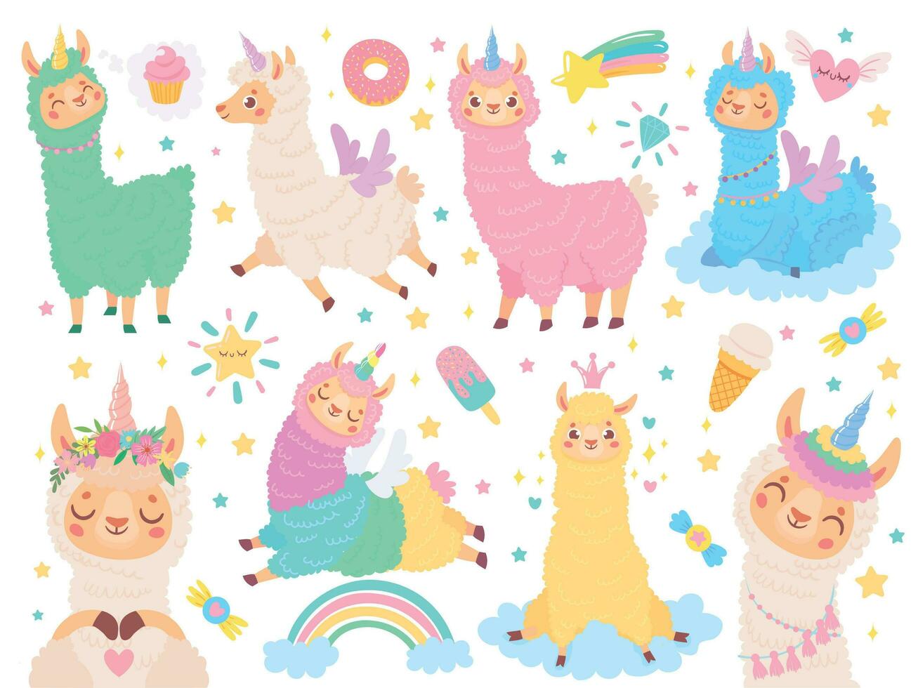 dessin animé lama Licorne. content la magie Couleur lamas des licornes, duveteux rose alpaga fourrure vecteur illustration ensemble. mignonne exotique animal autocollants collection. adorable péruvien faune avec dessin animé symboles