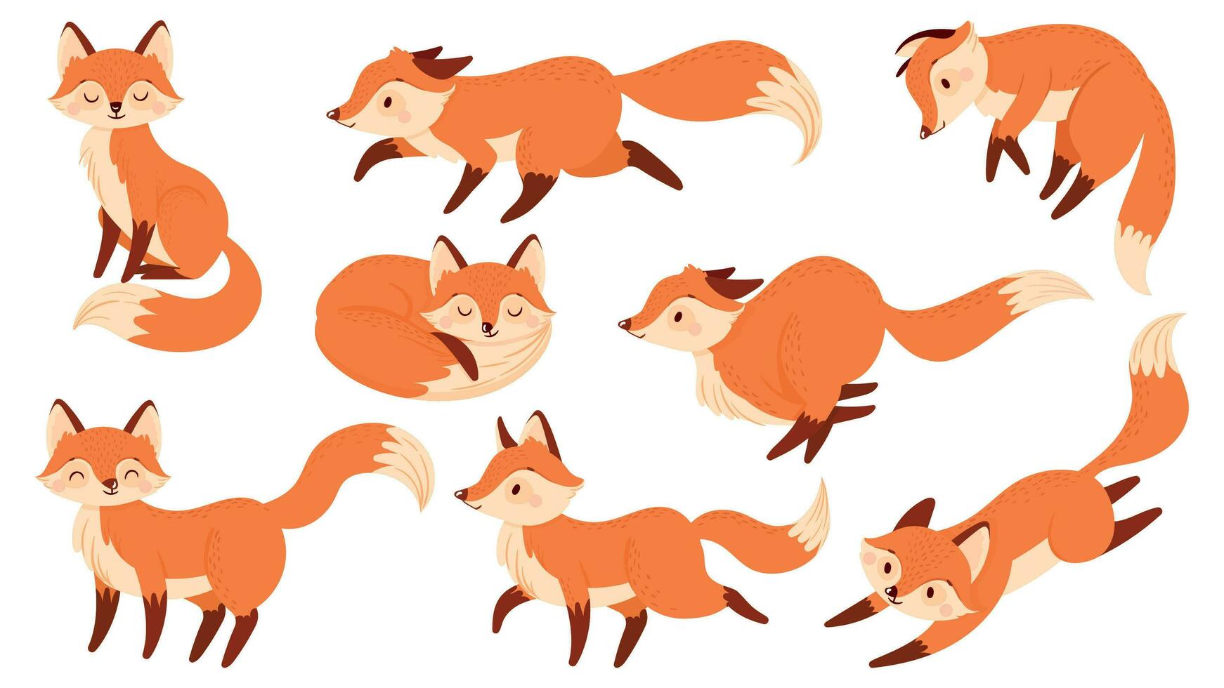 dessin animé rouge Renard. marrant renards avec noir pattes, mignonne sauter animal vecteur illustration ensemble