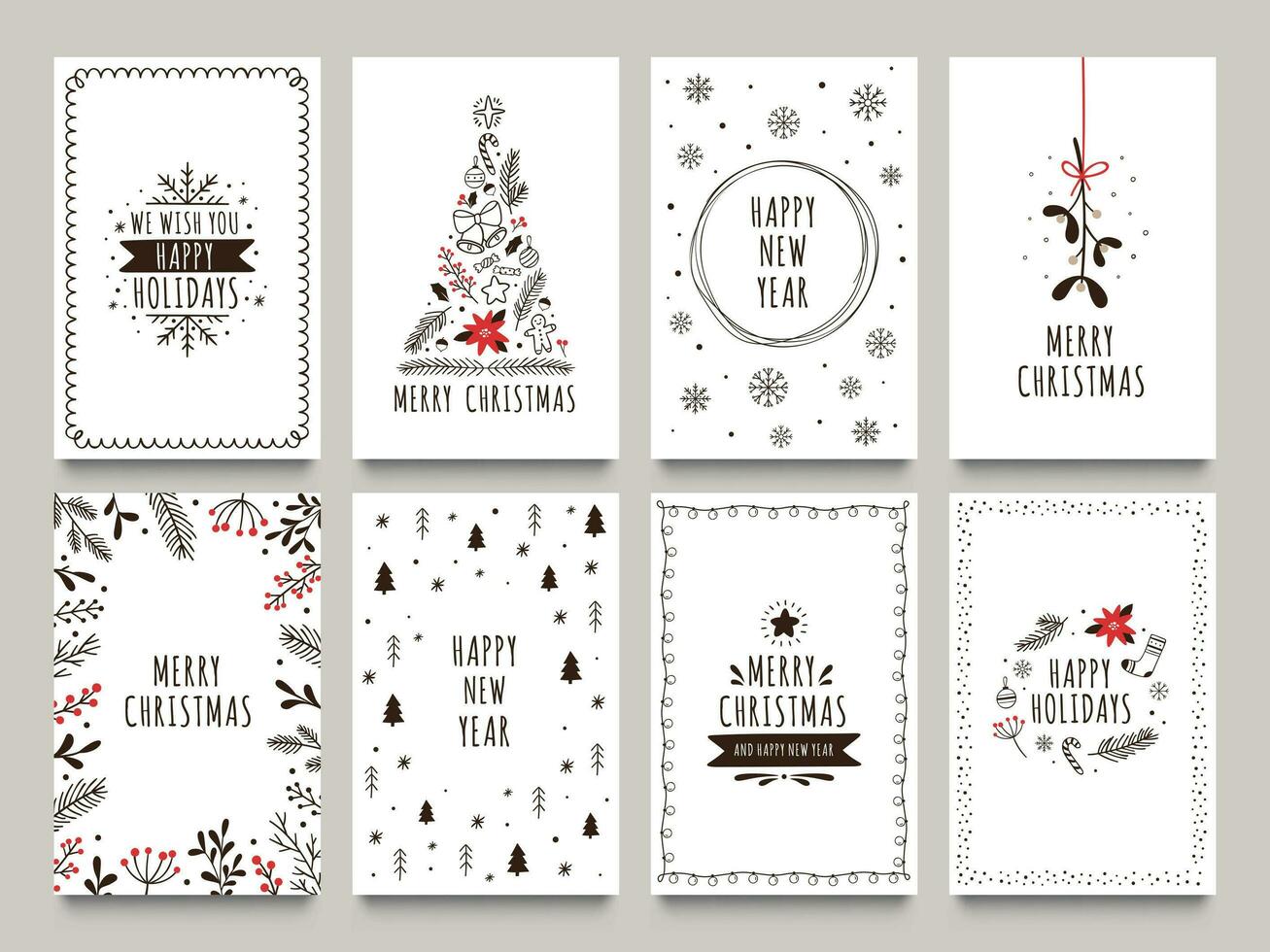 main tiré hiver vacances cartes. joyeux Noël carte avec floral ornements, Nouveau année arbre et flocons de neige Cadre vecteur ensemble