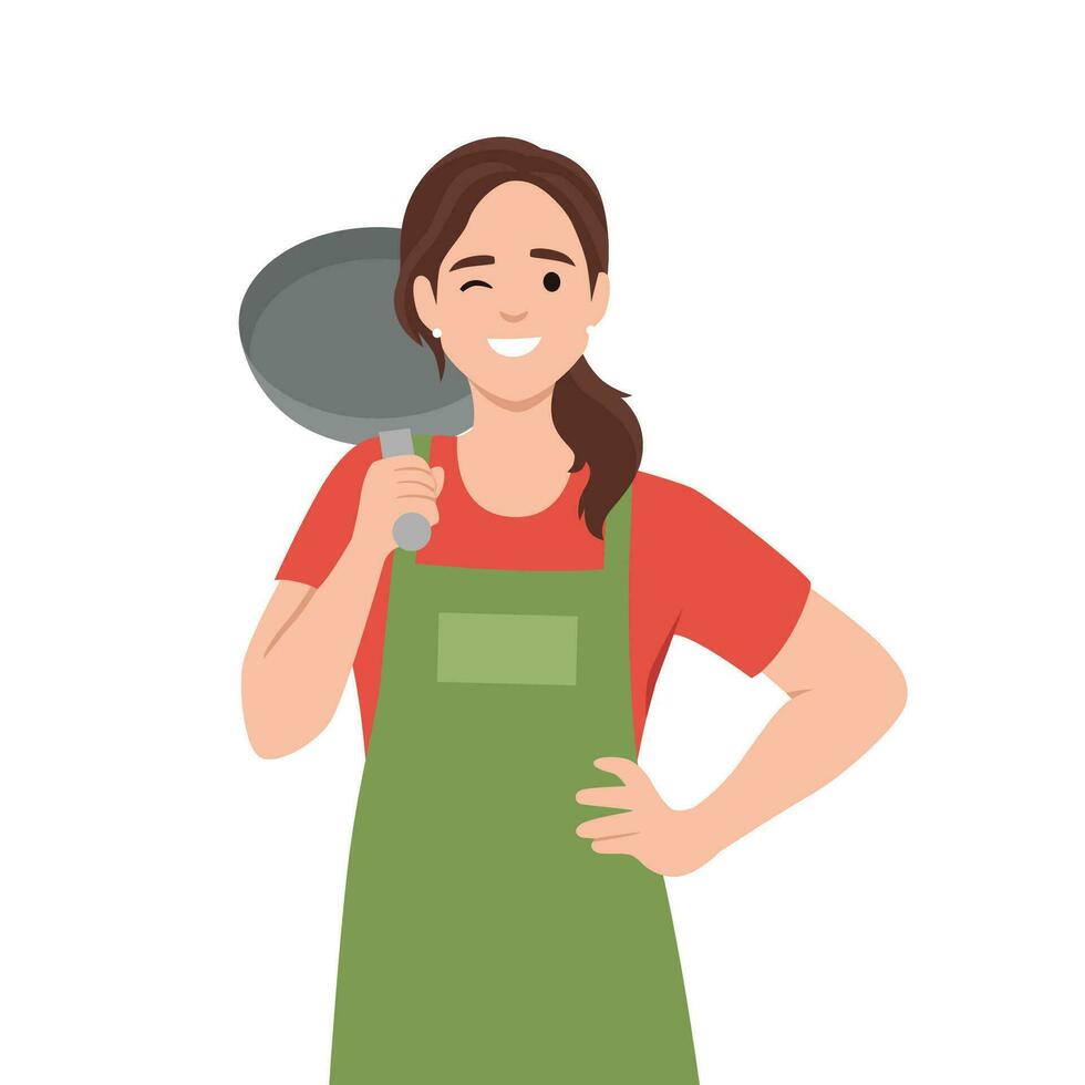Jeune femme dans chef chapeau avec tablier en portant friture la poêle vecteur