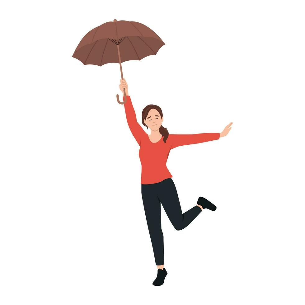 Jeune femme avec un parapluie des promenades et sauter content vecteur