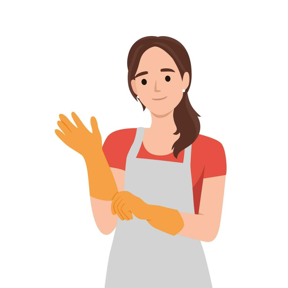 protecteur travail vêtements et accessoires concept. Jeune femme médecin ou cosmétologue en mettant blanc latex protecteur médical gants vecteur