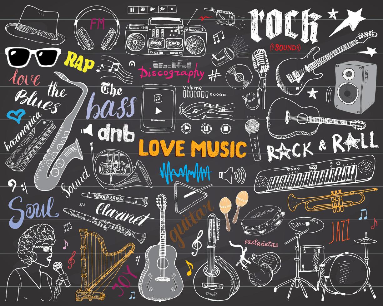 instruments de musique mis illustration vectorielle de croquis dessinés à la main sur tableau noir vecteur