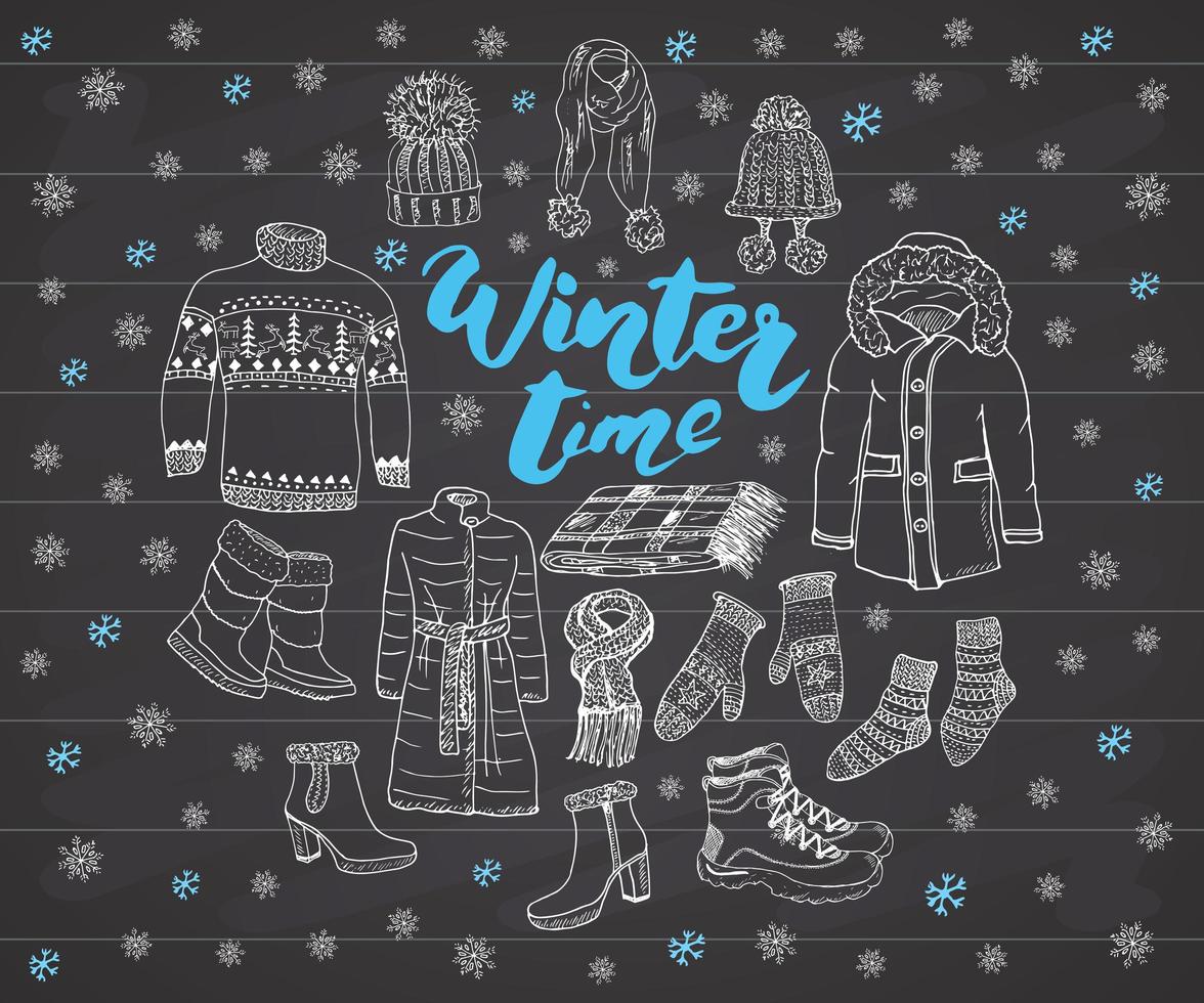 saison d'hiver définie des éléments de doodle collection de croquis dessinés à la main avec des bottes vêtements couverture chaude chaussettes gants et chapeaux lettrage illustration vectorielle de temps d'hiver sur tableau noir vecteur