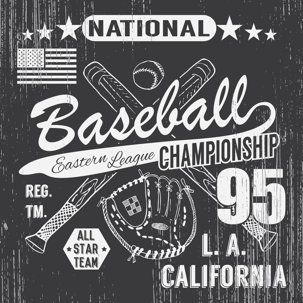 baseball sport typographie ligue orientale los angeles croquis de battes de baseball croisées et gant tshirt impression conception graphique illustration vectorielle affiche insigne applique étiquette vecteur