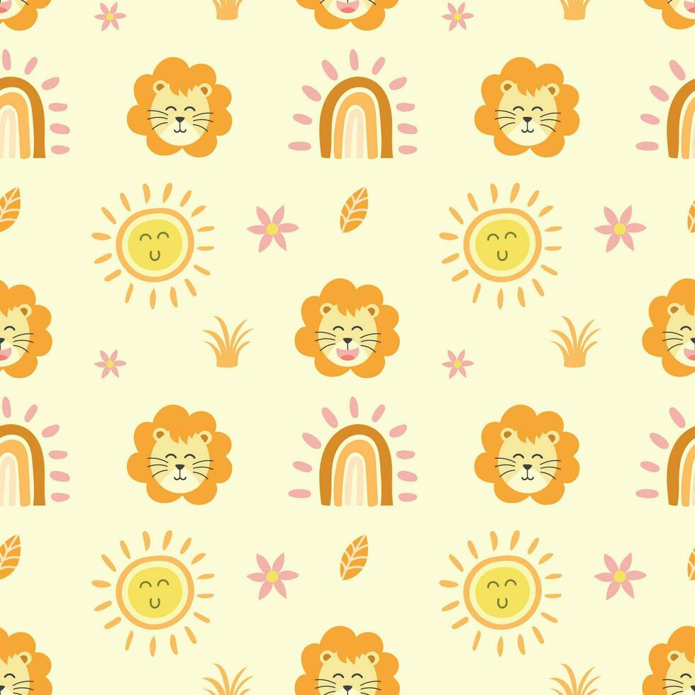 mignonne sans couture modèle conception de Lion diriger, Soleil et arc-en-ciel, des gamins dessin animé vecteur illustration