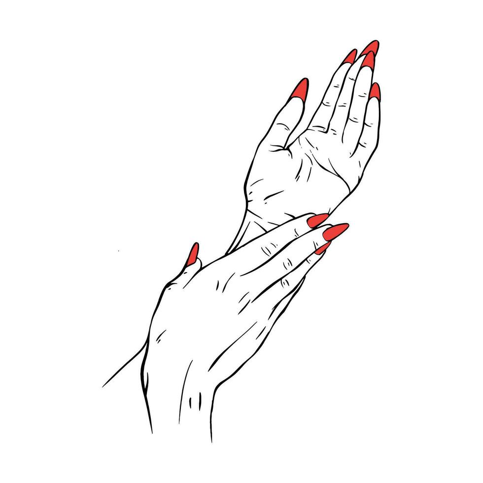 longue rouge ongles deux main tiré geste esquisser vecteur illustration ligne art