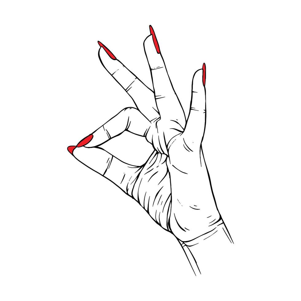 longue rouge ongles main tiré geste esquisser vecteur illustration ligne art