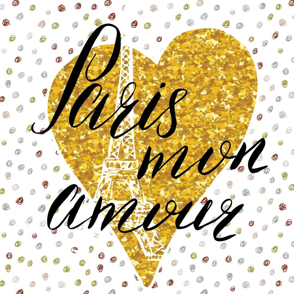 Paris mon amour lettrage signe sur coeur de paillettes d'or avec tour eiffel croquis dessinés à la main sur illustration vectorielle fond abstrait vecteur