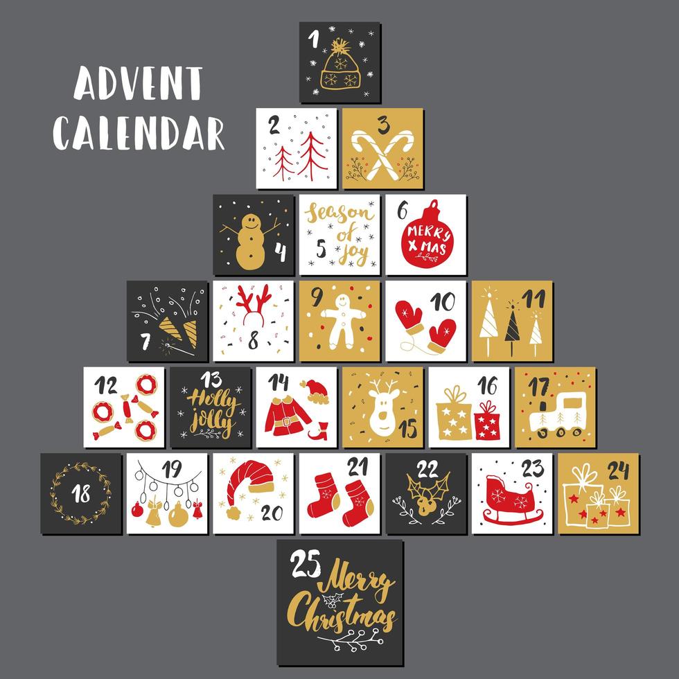 calendrier de l'Avent de Noël. éléments et nombres dessinés à la main. cartes de calendrier de vacances hiver scénographie, illustration vectorielle vecteur