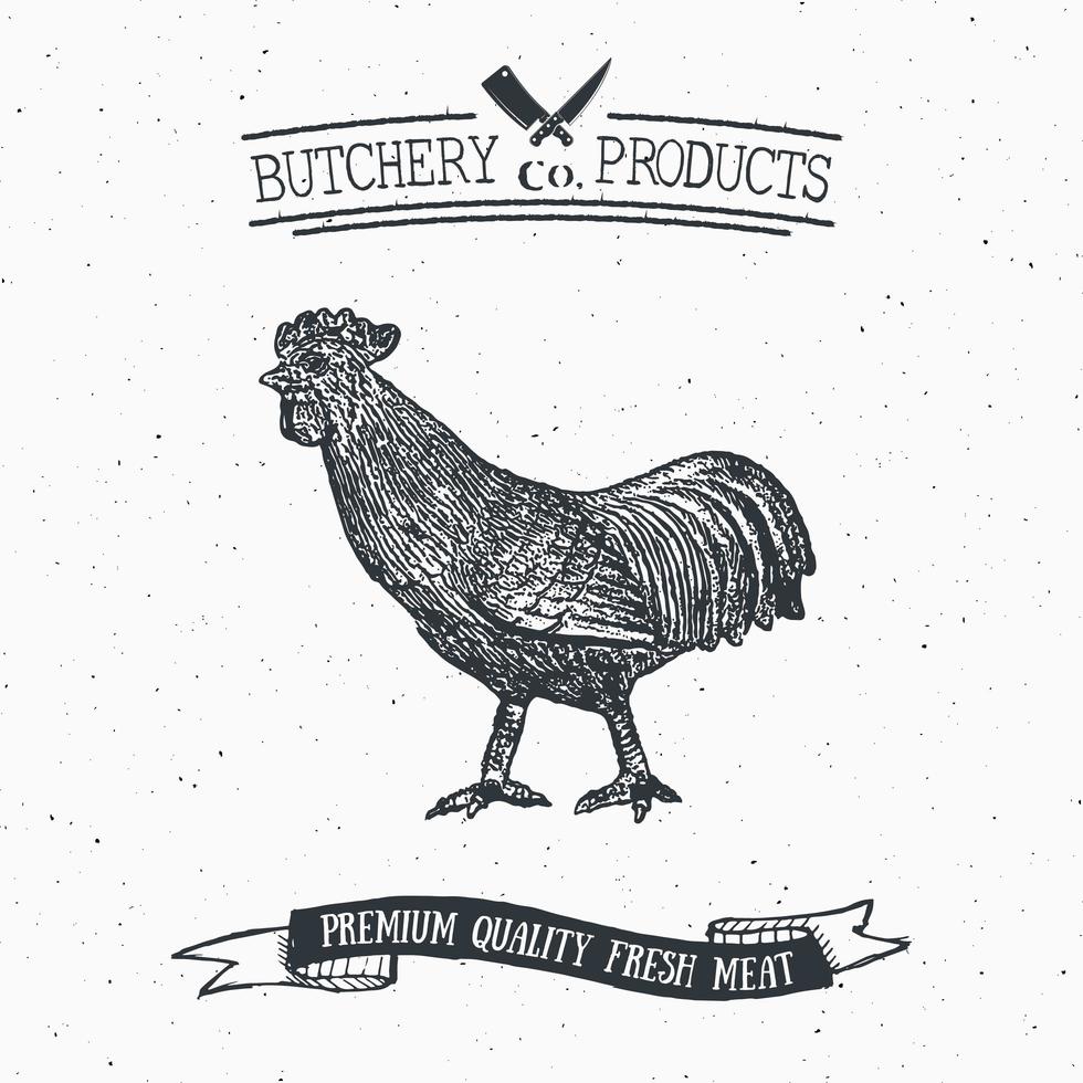 boucherie emblème vintage produits de viande de coq, style rétro de modèle de logo de boucherie. design vintage pour le logo, l'étiquette, le badge et la conception de la marque. illustration vectorielle vecteur