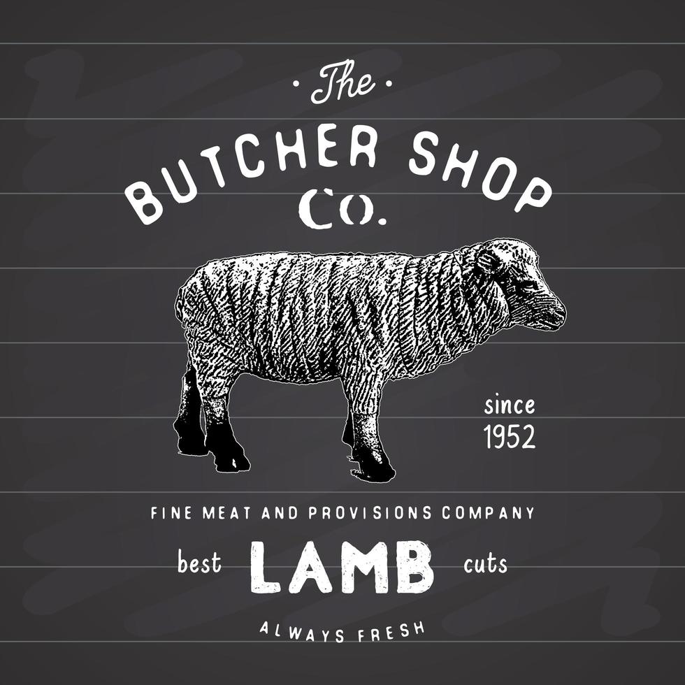 boucherie emblème vintage produits de viande d'agneau, style rétro de modèle de logo de boucherie. design vintage pour le logo, l'étiquette, le badge et la conception de la marque. illustration vectorielle sur tableau noir. vecteur