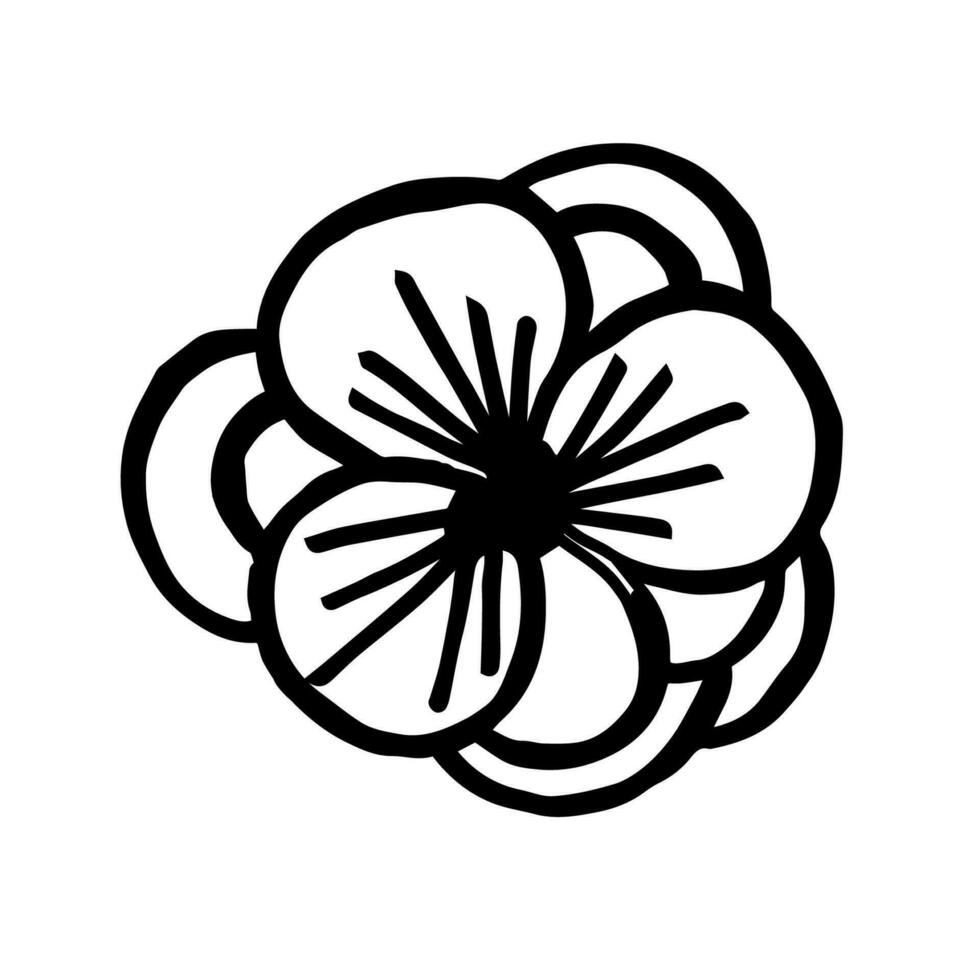 une Facile silhouette de une fleur avec rond feuilles. main dessiné, griffonnage style, noir contour sur une blanc Contexte vecteur