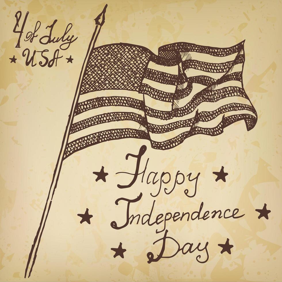 Usa drapeau ondulant, symbole américain, en juillet, croquis dessiné à la main, texte joyeux jour de l'indépendance, illustration vectorielle, sur fond de papier ancien vecteur