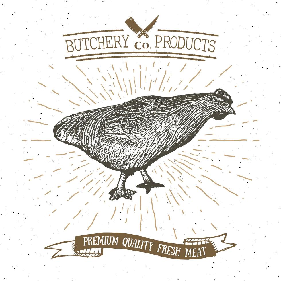 Emblème vintage de boucherie, produits de viande de poulet, style rétro de modèle de logo de boucherie. design vintage pour le logo, l'étiquette, le badge et la conception de la marque. illustration vectorielle. vecteur