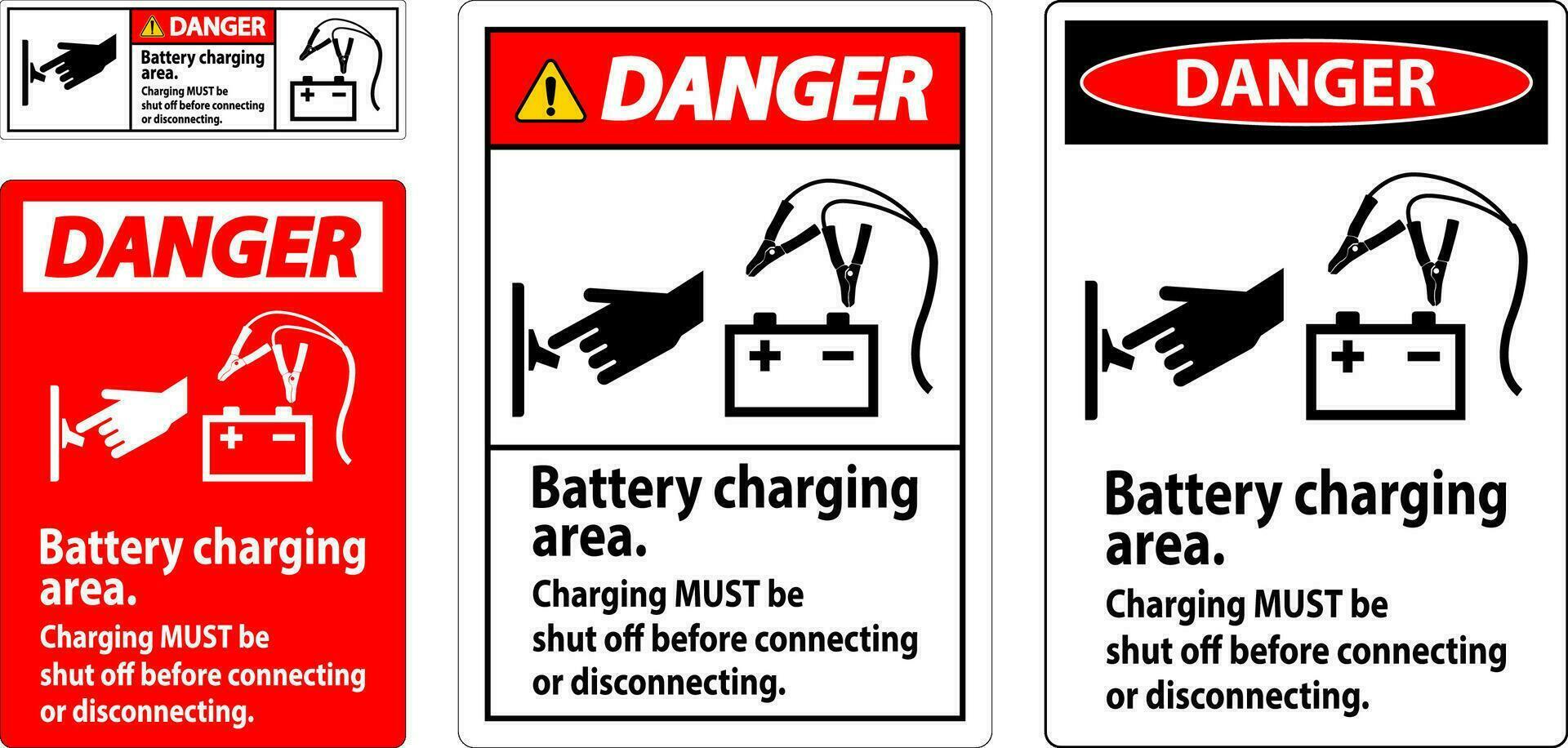 danger signe batterie mise en charge zone, mise en charge doit être fermer de avant de liaison ou déconnexion. vecteur