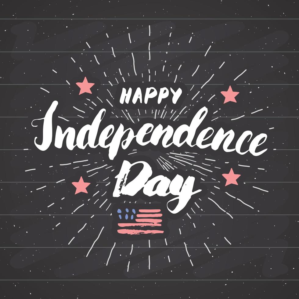 joyeux jour de l'indépendance carte de voeux vintage usa, célébration des états-unis d'amérique. lettrage à la main, illustration vectorielle de vacances américaines grunge texturé design rétro sur tableau noir. vecteur