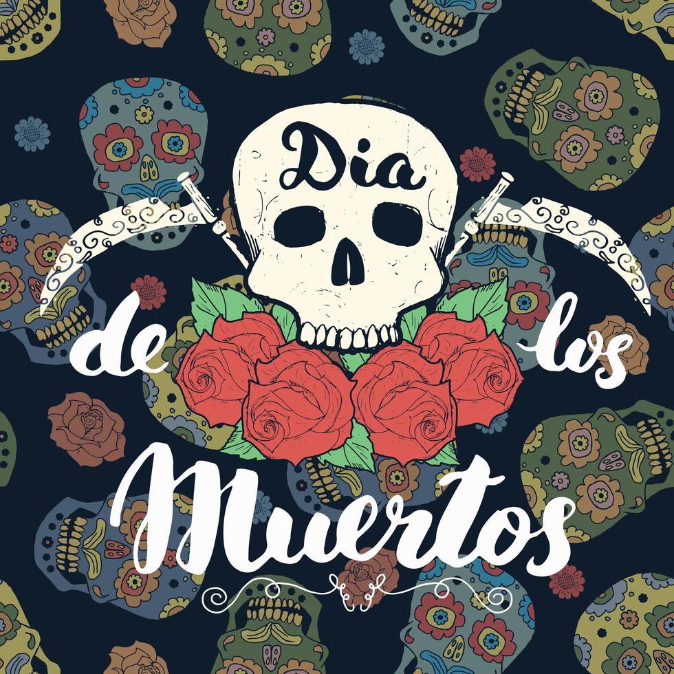 jour des morts, citation de lettrage avec crâne dessiné à la main et roses, étiquette vintage, conception de typographie ou impression de t-shirt, illustration vectorielle vecteur