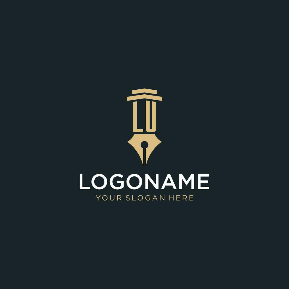 lu monogramme initiale logo avec Fontaine stylo et pilier style vecteur