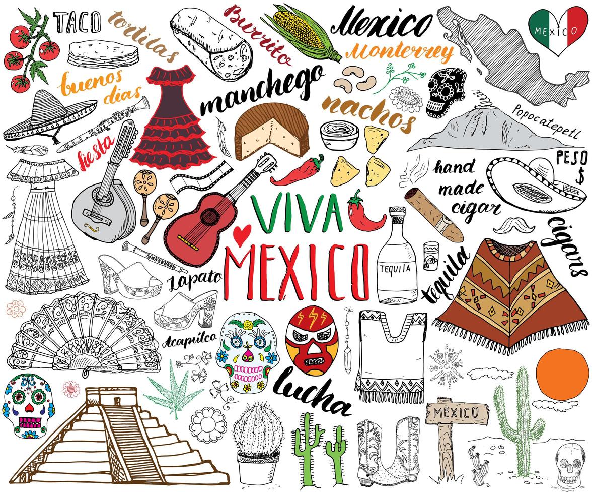 mexique dessiné à la main jeu de croquis illustration vectorielle vecteur