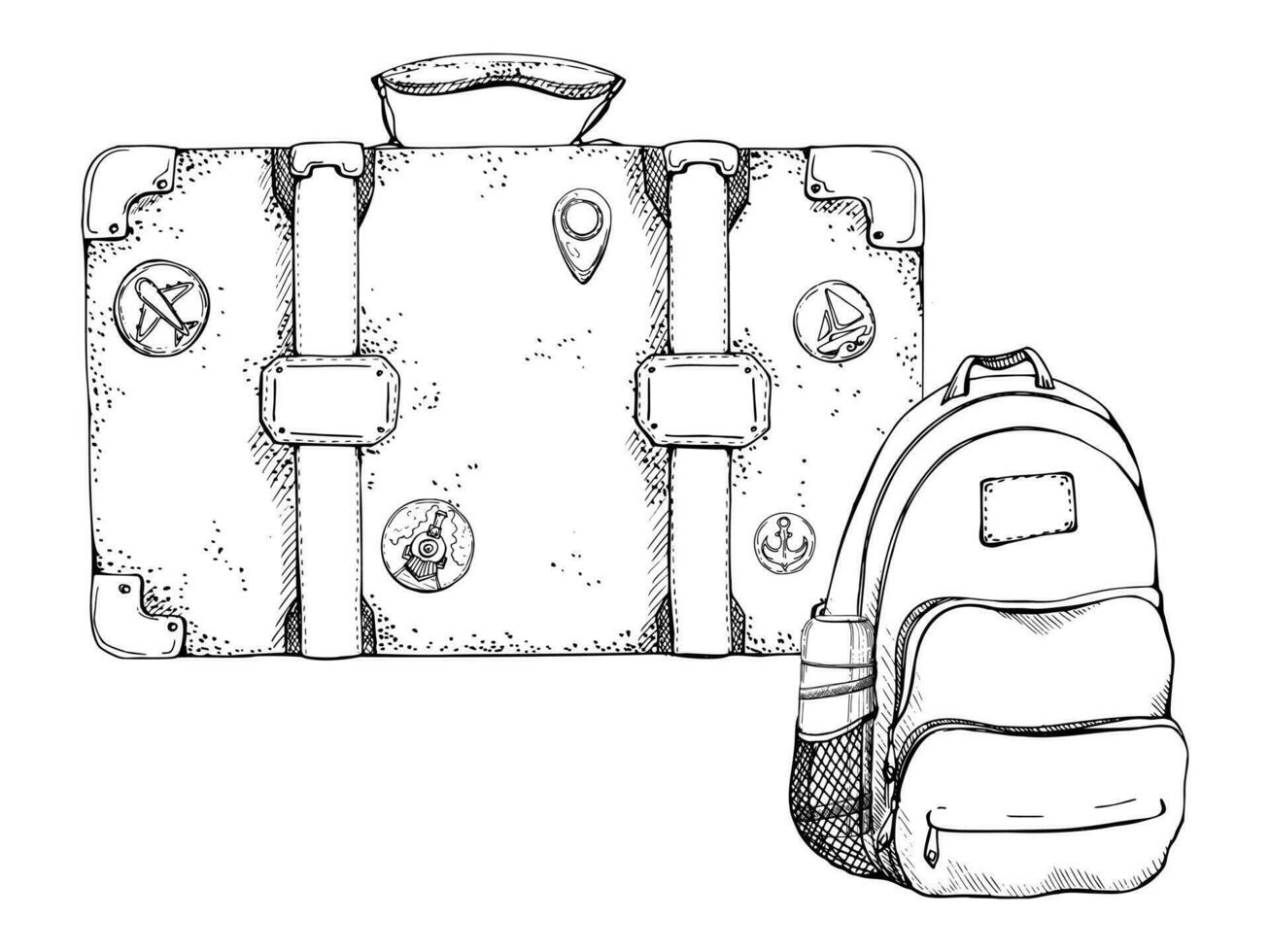 encre main tiré vecteur esquisser. illustration avec ensemble de rétro ancien vieux les valises avec autocollants bagage bagages et sac à dos. conception pour tourisme, voyage, brochure, mariage, guide, imprimer, carte tatouage.