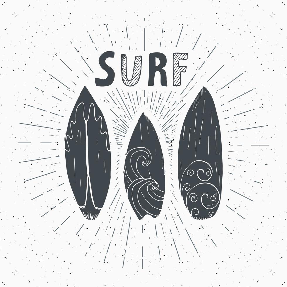 étiquette vintage, planches de surf dessinés à la main, modèle de badge rétro texturé grunge, illustration vectorielle de typographie design vecteur