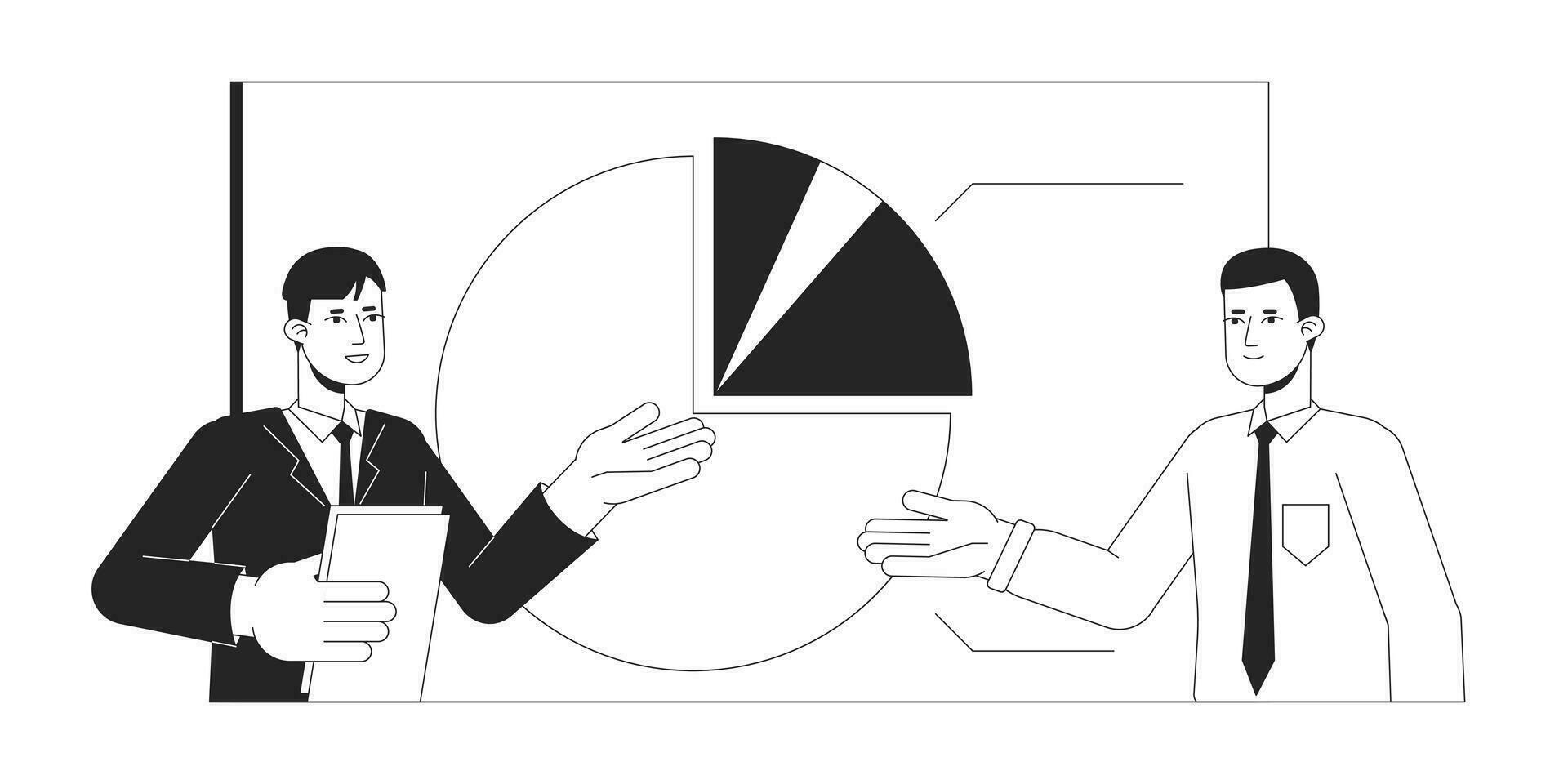 présentation Bureau réunion bw concept vecteur place illustration. porte-parole avec collègue 2d dessin animé plat ligne monochromatique personnages pour la toile ui conception. modifiable isolé contour héros image