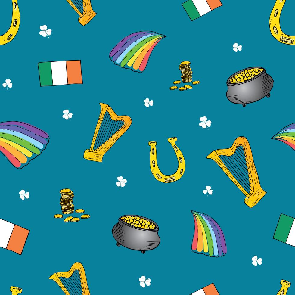 Modèle sans couture de doodle dessiné à la main de la Saint-Patrick, avec leprechaun, pot de pièces d'or, arc-en-ciel, bière, trèfle à quatre feuilles, fer à cheval, harpe celtique et drapeau de l'illustration vectorielle de l'Irlande vecteur