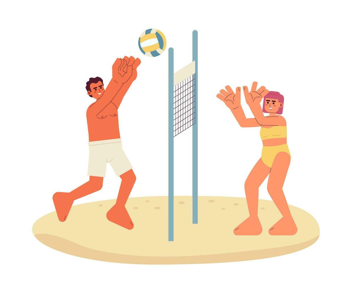 plage volley-ball plat vecteur place illustration. homme et femme dans maillot de bain en jouant avec Balle plus de net 2d dessin animé personnages sur blanc pour la toile ui conception. été Jeu isolé modifiable Créatif héros image