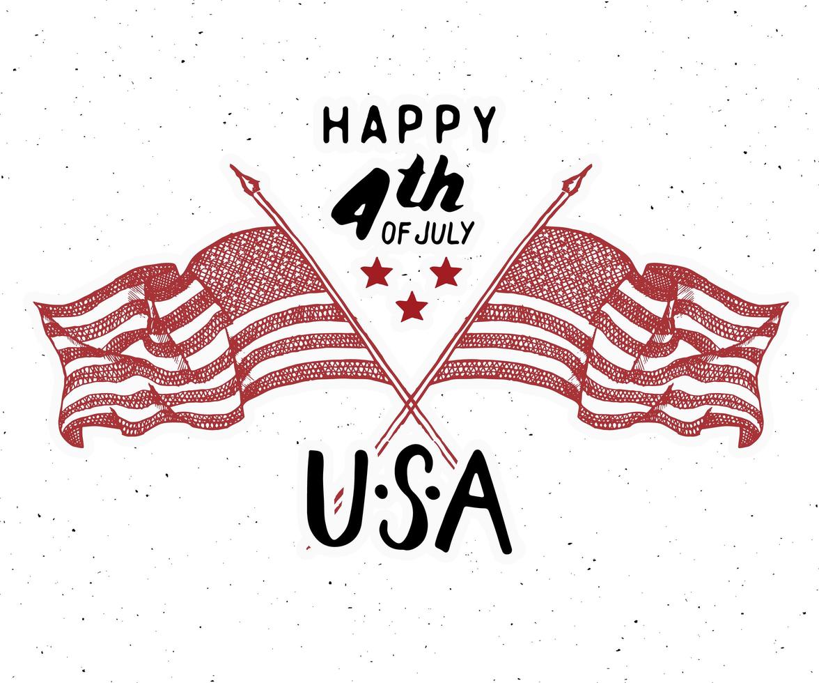 joyeux jour de l'indépendance, 4 juillet, carte de voeux vintage avec drapeaux usa, célébration des états-unis d'amérique. lettrage à la main, illustration vectorielle de vacances américaines grunge texturé design rétro. vecteur