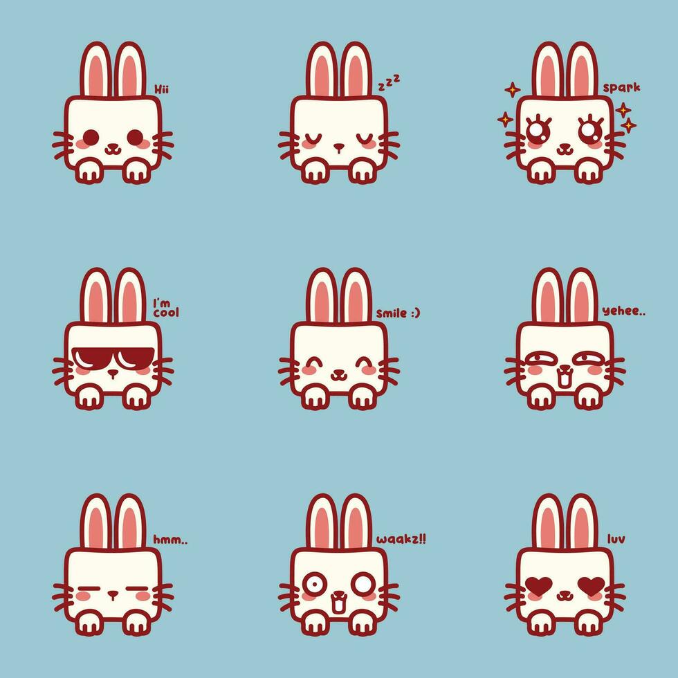 mignonne kawaii lapin emoji ensemble vecteur