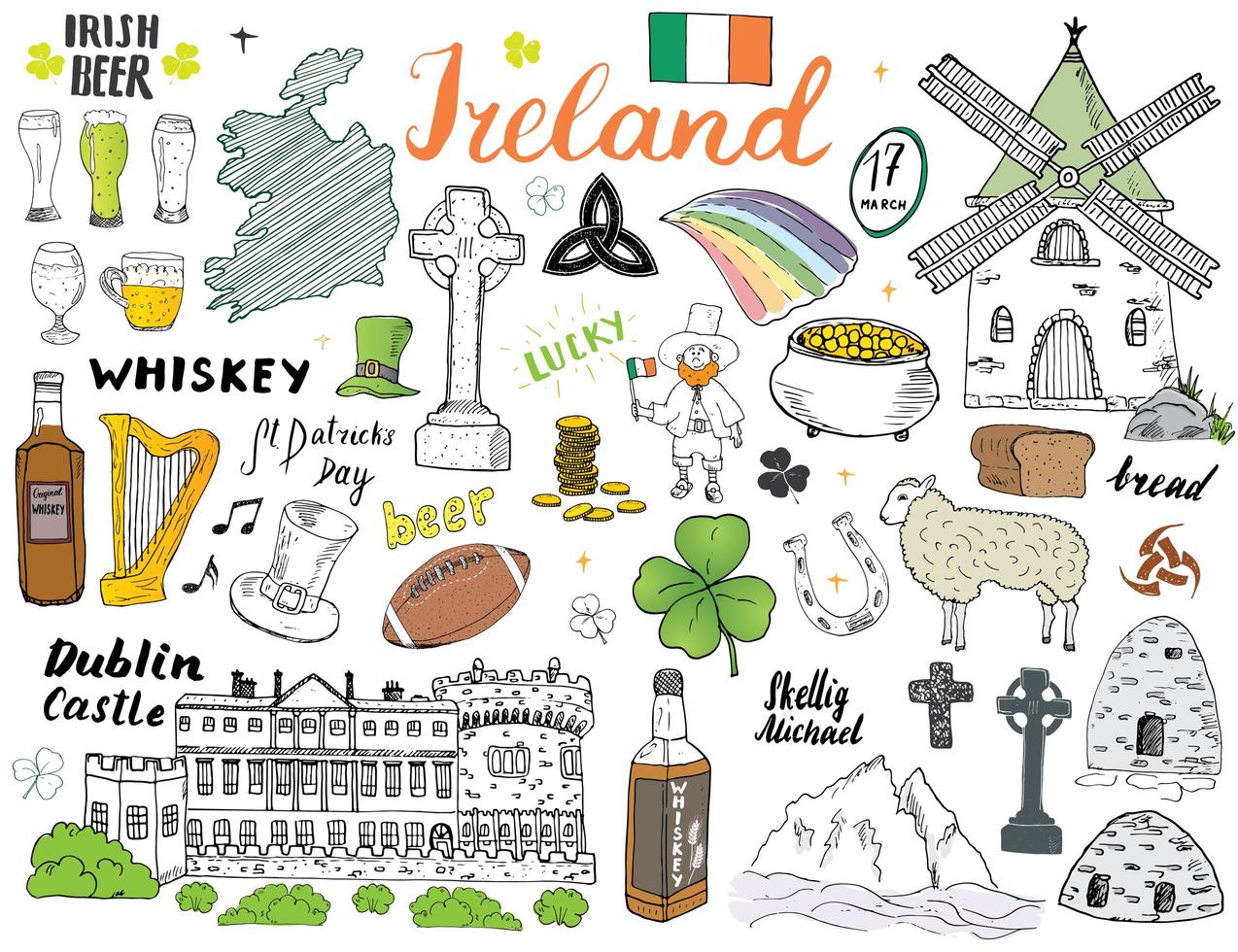 griffonnages de croquis de l'Irlande. Éléments irlandais dessinés à la main avec drapeau et carte de l'Irlande, croix celtique, château, trèfle, harpe celtique, moulin et mouton, bouteilles de whisky et bière irlandaise, illustration vectorielle vecteur