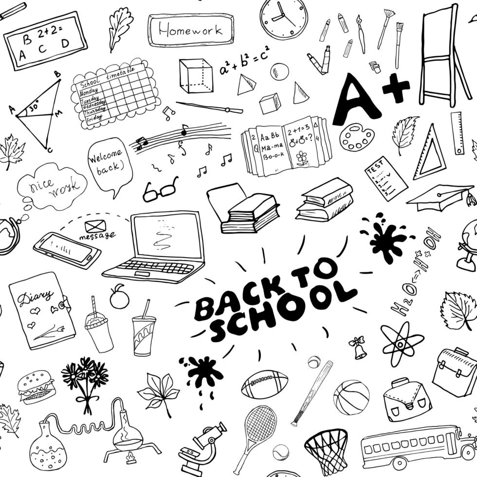 doodles dessinés à la main modèle sans couture école, illustration vectorielle vecteur