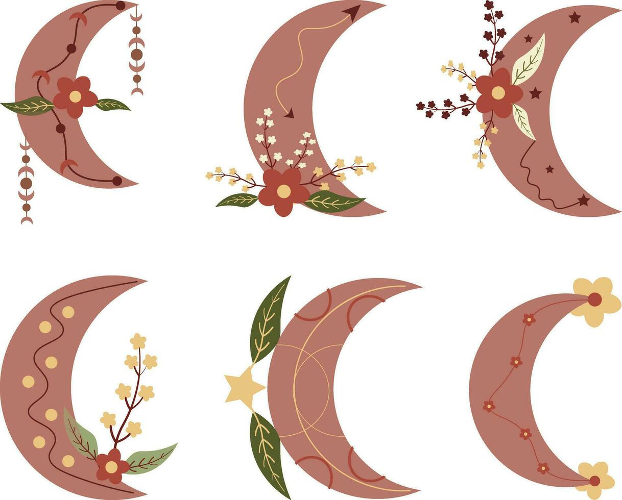 croissant lune avec fleurs, feuilles et baies. vecteur illustration.